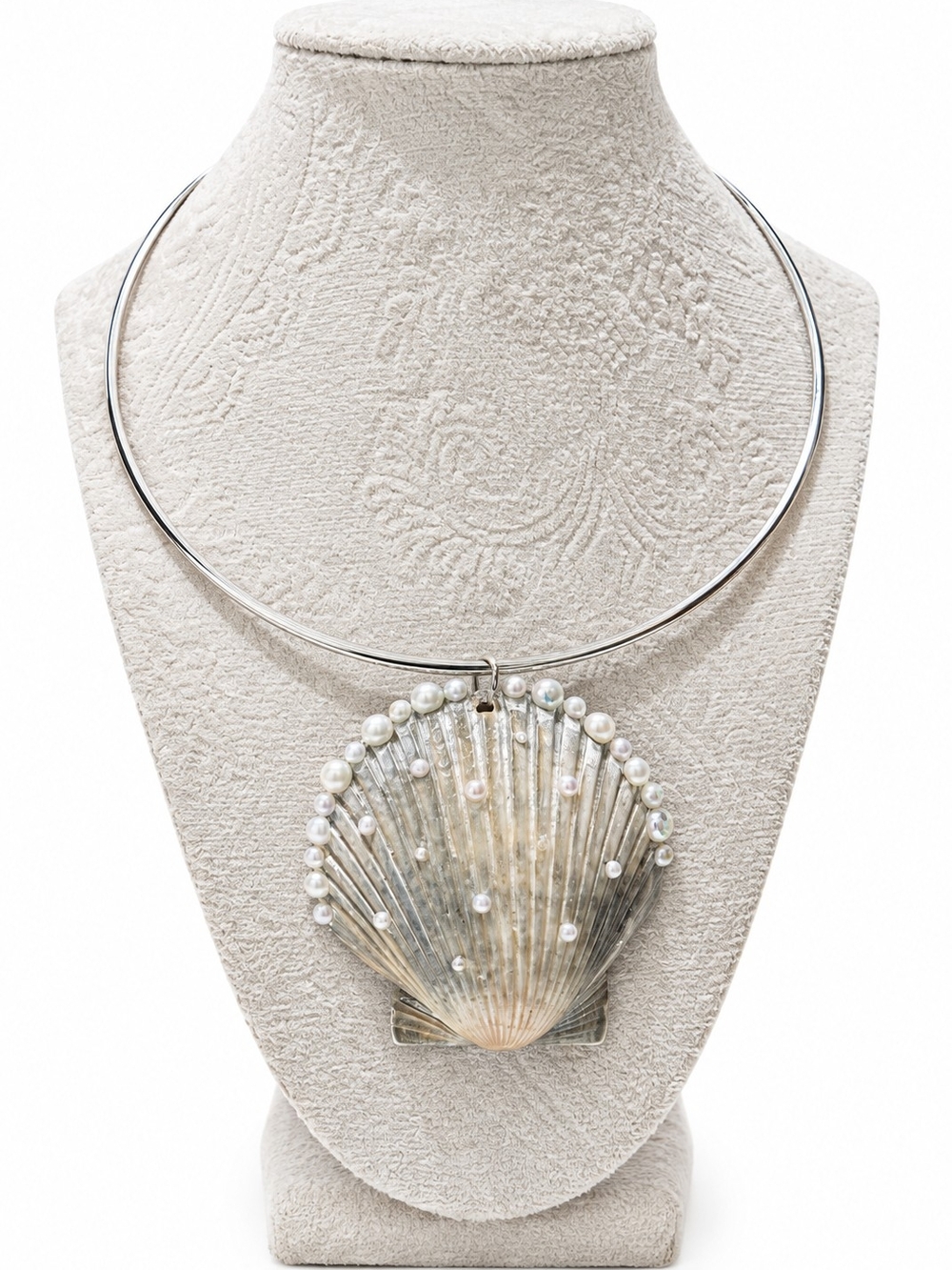Hand Crafted Silver Collar Necklace with Pearl-Trimmed Shell Pendant